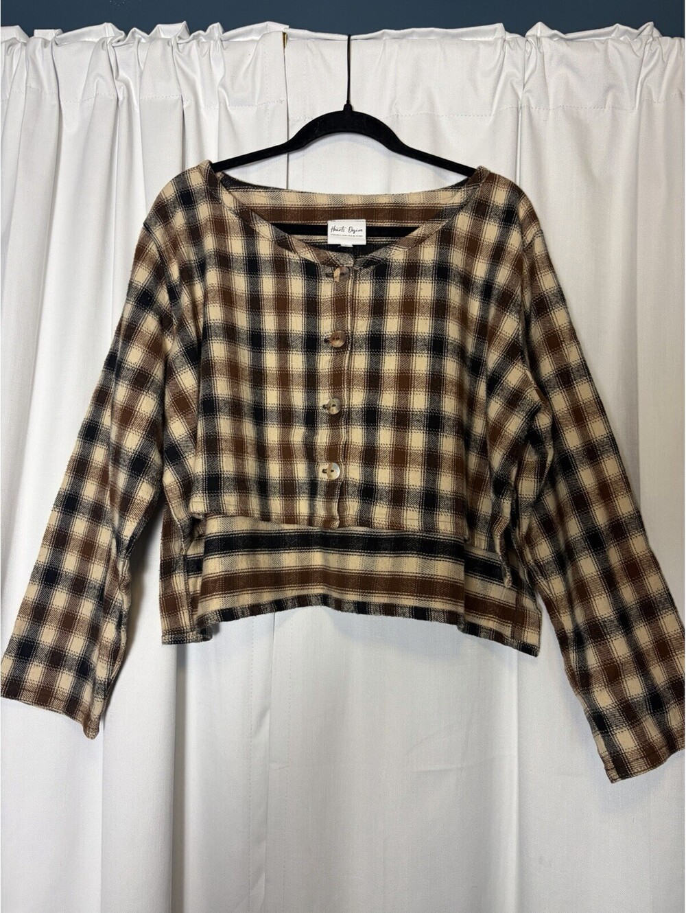 Hearts Desire Black & Brown Plaid Flannel Cropped Button Down. Size Large $198